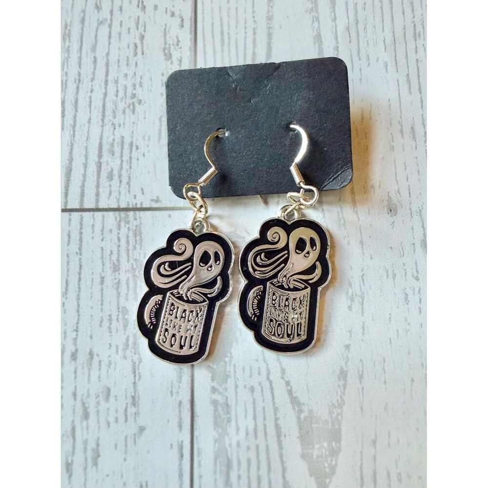 Handmade Silver and Black Ghost 'Black Like My Soul' Coffee Cup Dangle Earrings